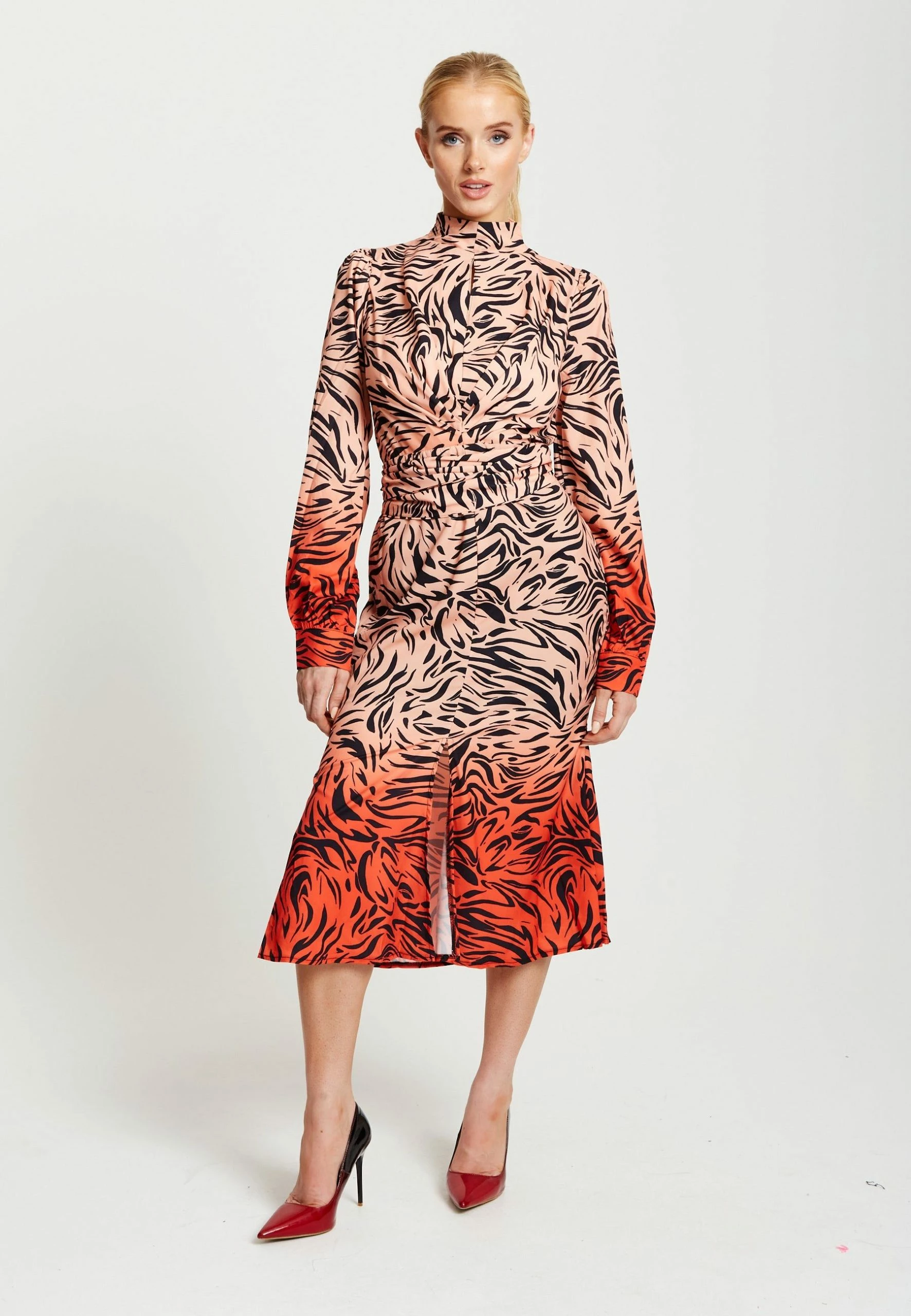 Liquorish Zebra Print Midi Dress with High neck and Draped Waist Detail in Orange and Nude 6 Liquorish Zebra Print Midi Dress with High neck and Draped Waist Detail in Orange and Nude - Image 4