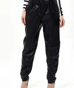Liquorish Tapered Leather Look Trousers with Pleated Detail in Black