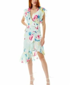 Liquorish Floral Print Midi Wrap Dress in Mint Green