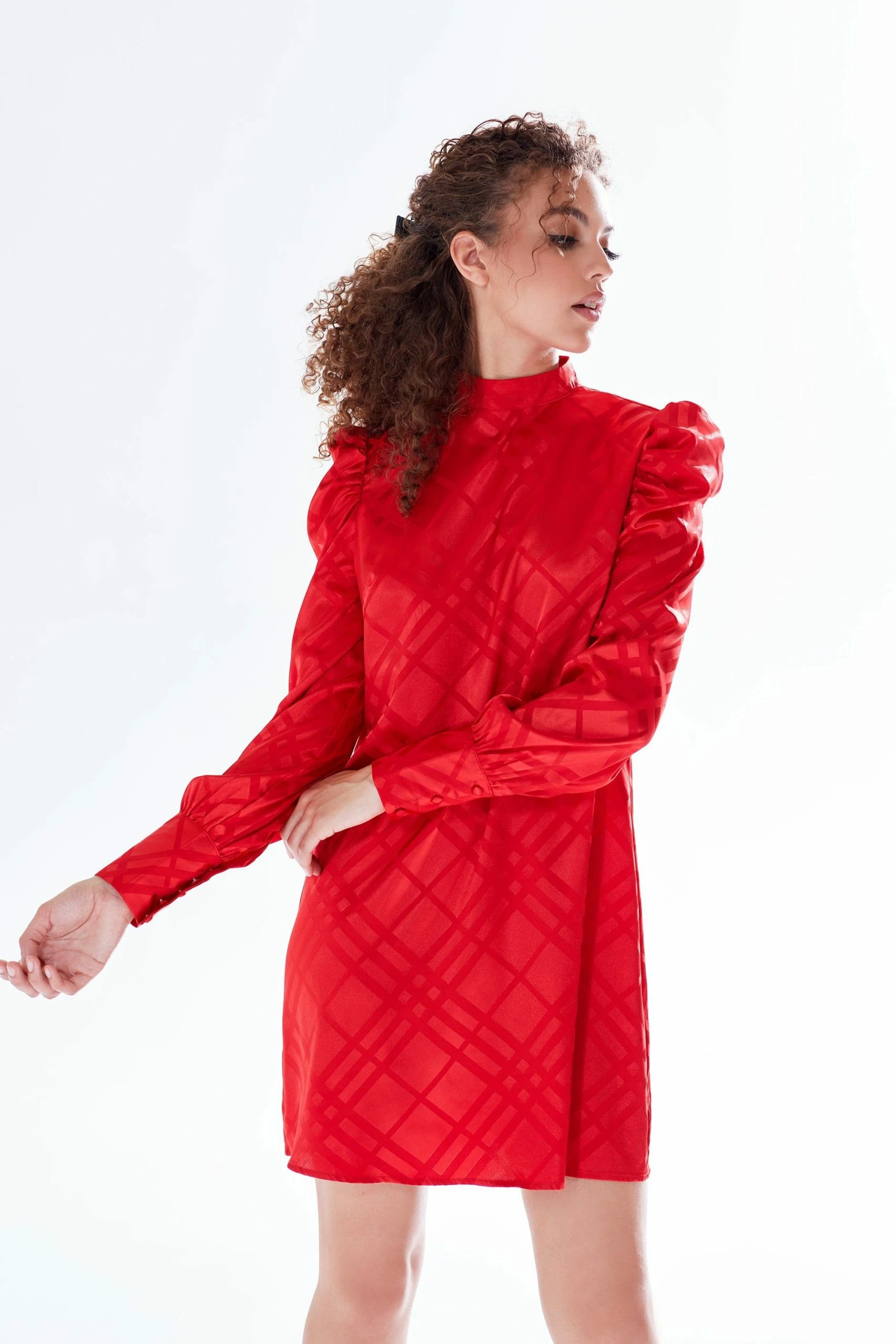 Liquorish check jacquard mini dress with high neck & puff sleeve detail in red 5 Liquorish check jacquard mini dress with high neck & puff sleeve detail in red - Image 3