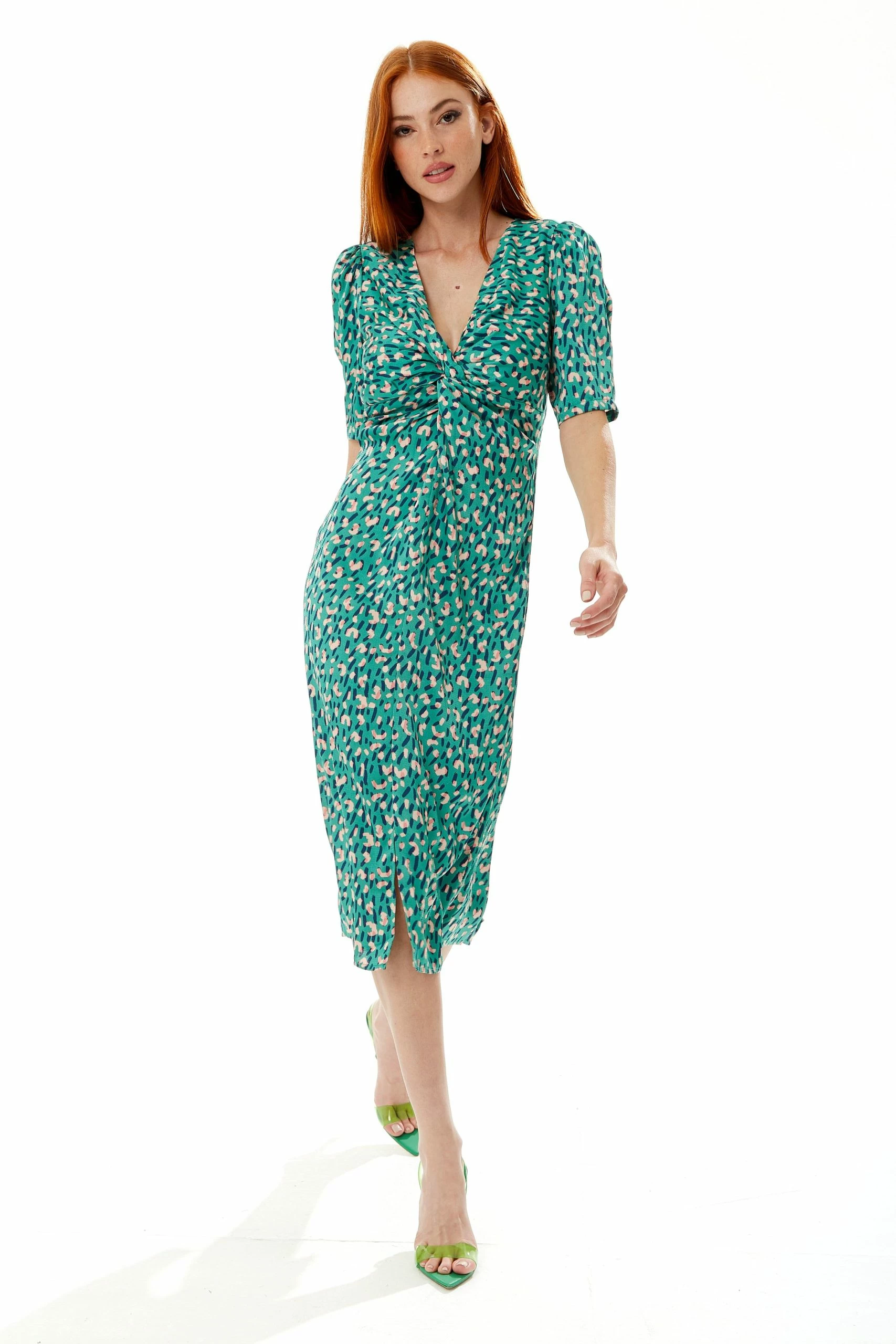 Liquorish Stroke Print Knot Front Dress in Green 5 Liquorish Stroke Print Knot Front Dress in Green - Image 3