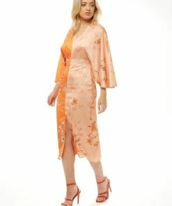 Liquorish Kimono Midi Dress with Open Back in Orange Oriental Print