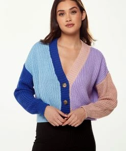Liquorish Ribbed Contrast Cardigan in Cool Tones - Multicolour