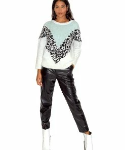 Liquorish Mint & White & Animal Layered Jumper - Multicolour