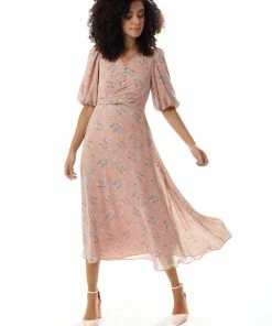Liquorish Floral Midi Dress with Tie Waist in Pink