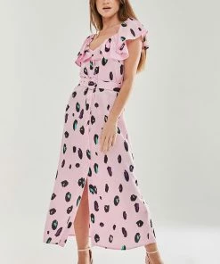 Liquorish Belted Midi Dress with Off Shoulder Sleeves in Light Pink Animal Print