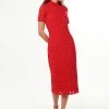 Liquorish Midi Dress with High Neck, Short Sleeves and Open Back Detail in Red -Liquorish Sales Store 8a09287986cc498295742b0047368bd6