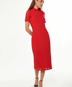 Liquorish Midi Dress with High Neck, Short Sleeves and Open Back Detail in Red
