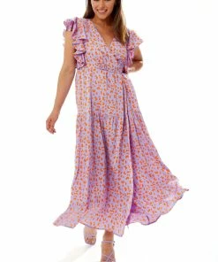 Liquorish cheetah print maxi wrap dress in lilac and orange