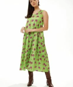 Liquorish A-Line Midi Dress In Green Floral Print