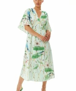 Liquorish Bird Print Midi Wrap Dress in Mint Green