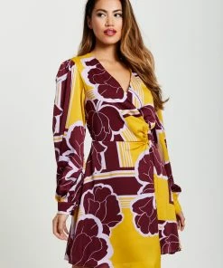 Liquorish Geometric Floral Print Mini Wrap Dress in Mustard and Burgundy - Multicolour