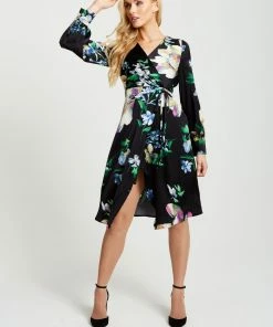 Liquorish Elegant Floral Print Midi Wrap Dress in Black - Multicolour