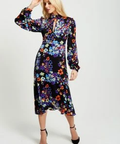Liquorish Speckle Floral Print Midi Dress with Cut out Detail - Multicolour
