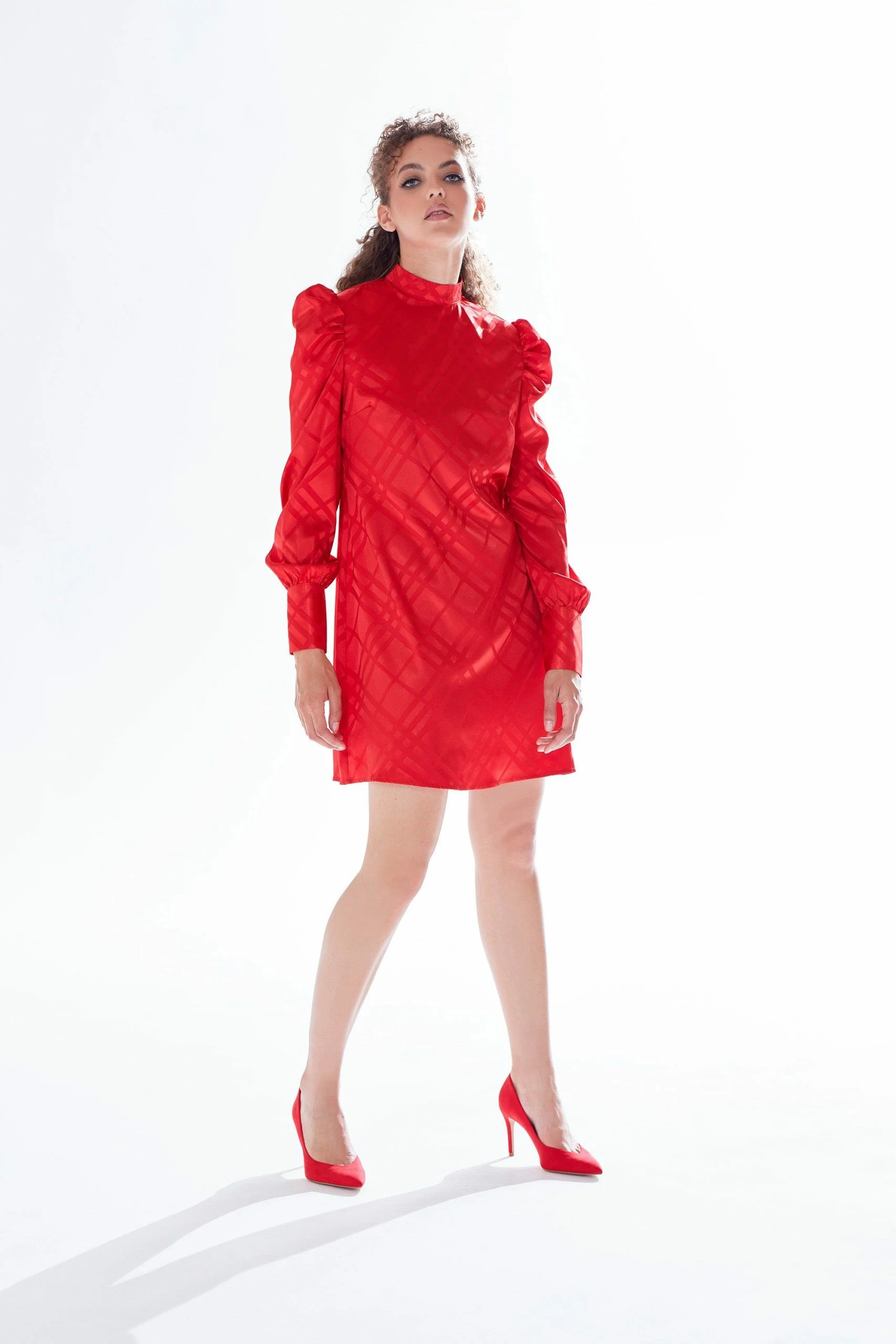 Liquorish check jacquard mini dress with high neck & puff sleeve detail in red 7 Liquorish check jacquard mini dress with high neck & puff sleeve detail in red - Image 5
