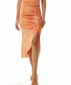 Liquorish Midi Skirt with Gathering and Buttons on front in Orange Print
