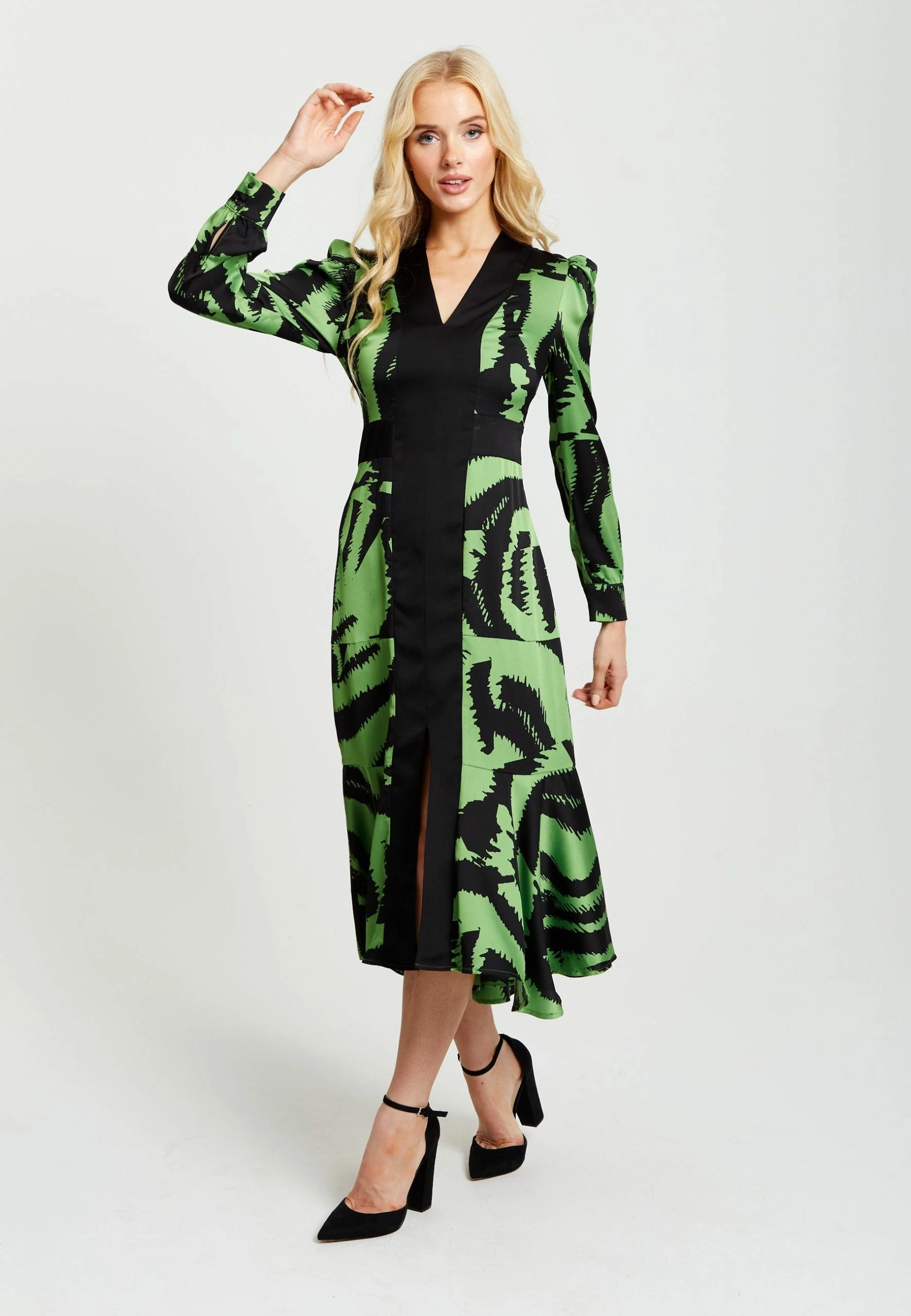 Liquorish Zebra Print Midi Dress with Front Slit and Long Sleeves - Green 4 Liquorish Zebra Print Midi Dress with Front Slit and Long Sleeves - Green - Image 2