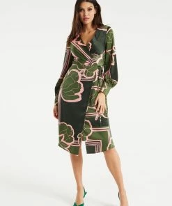 Liquorish Geometric Floral Print Midi Wrap Dress in Dark Green