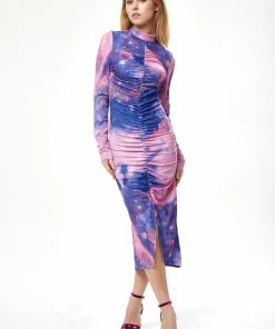 Liquorish Galaxy Print Midi Dress with High Neck & Ruching Detail - Purple