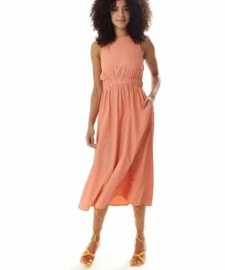 Liquorish Orange Midi Dress with Open Back and Elasticated Waist