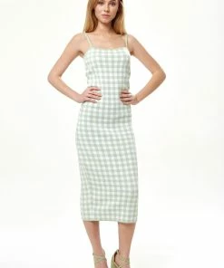 Liquorish Knitted Dress in Green and White Check