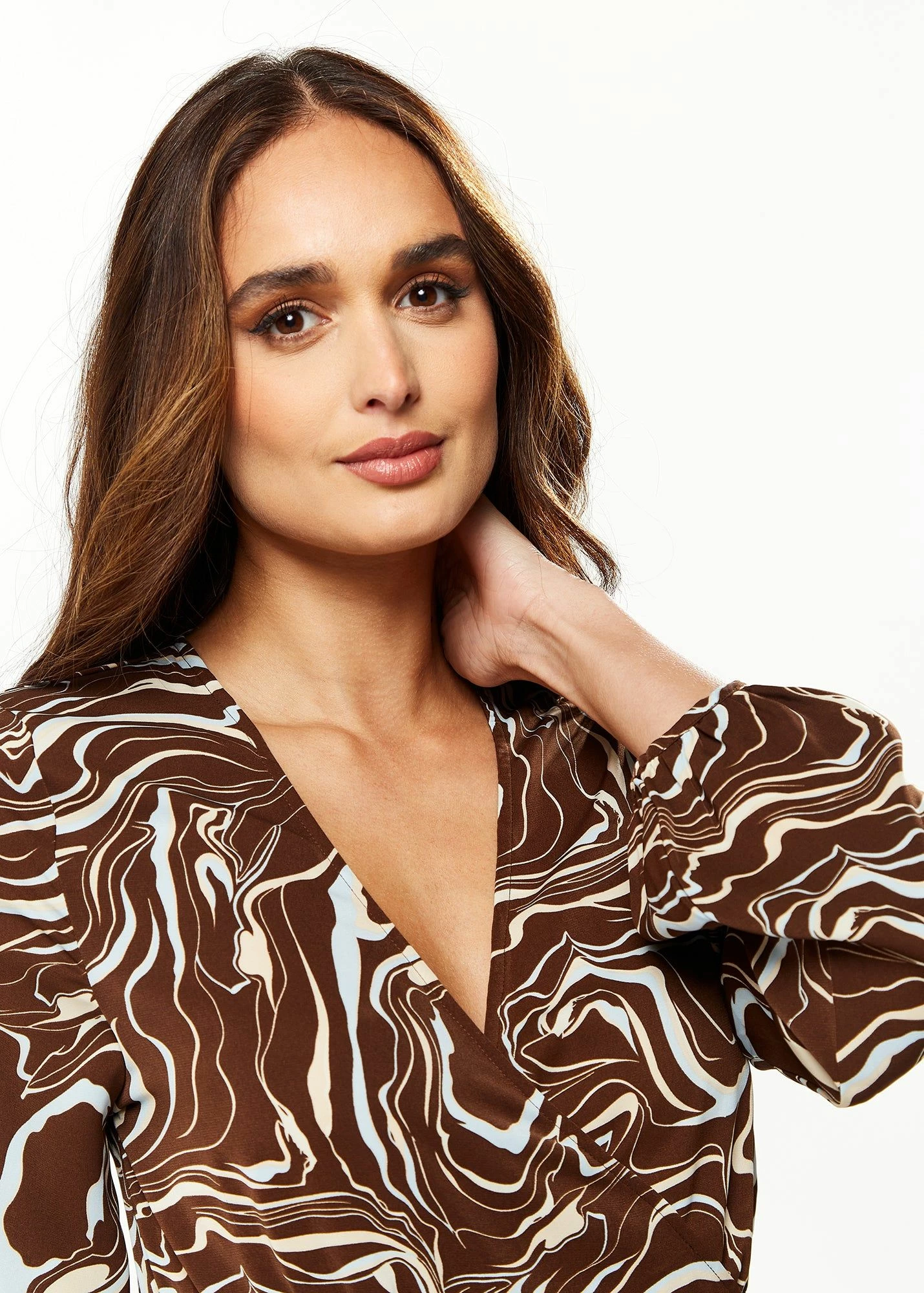 Liquorish Scribble Print Mini Wrap Dress with Long sleeves in Brown 7 Liquorish Scribble Print Mini Wrap Dress with Long sleeves in Brown - Image 5