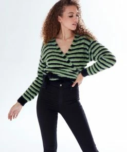 Liquorish striped wrap-around cardigan in green & black