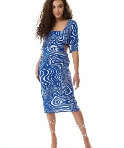 Liquorish Marble Print Jersey Midi Dress with Cut Out Details in Blue