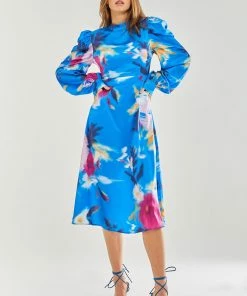 Liquorish Blue Floral Satin Cut Out Back Midi Dress