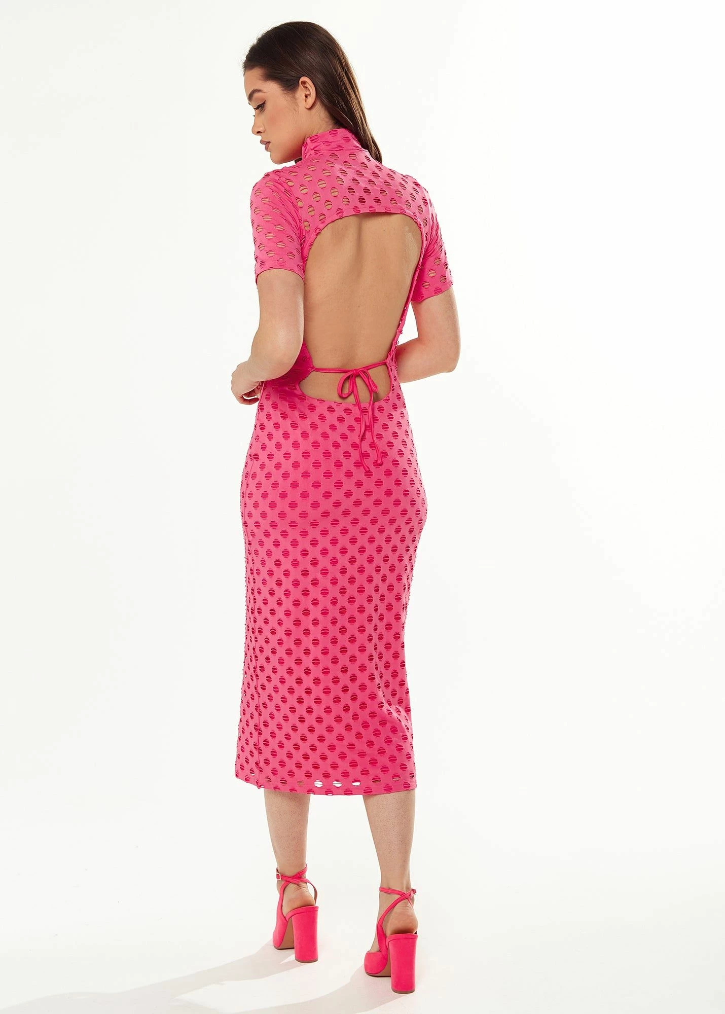Liquorish Midi Dress with High Neck, Short Sleeves and Open Back Detail in Pink 6 Liquorish Midi Dress with High Neck, Short Sleeves and Open Back Detail in Pink - Image 4