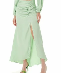 Liquorish Gathered Detail Maxi Skirt with Slit in Mint Green