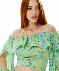 Liquorish ruffle long sleeve off the shoulder top with sleeve slits in green animal -Liquorish Sales Store 9dd7cdb2a22a4de98cd3fcc9c595b889 scaled