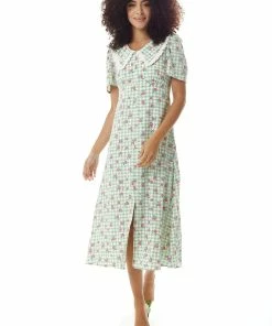 Liquorish Gingham and Floral Midi Dress in Green and White with Trim Lace Collar