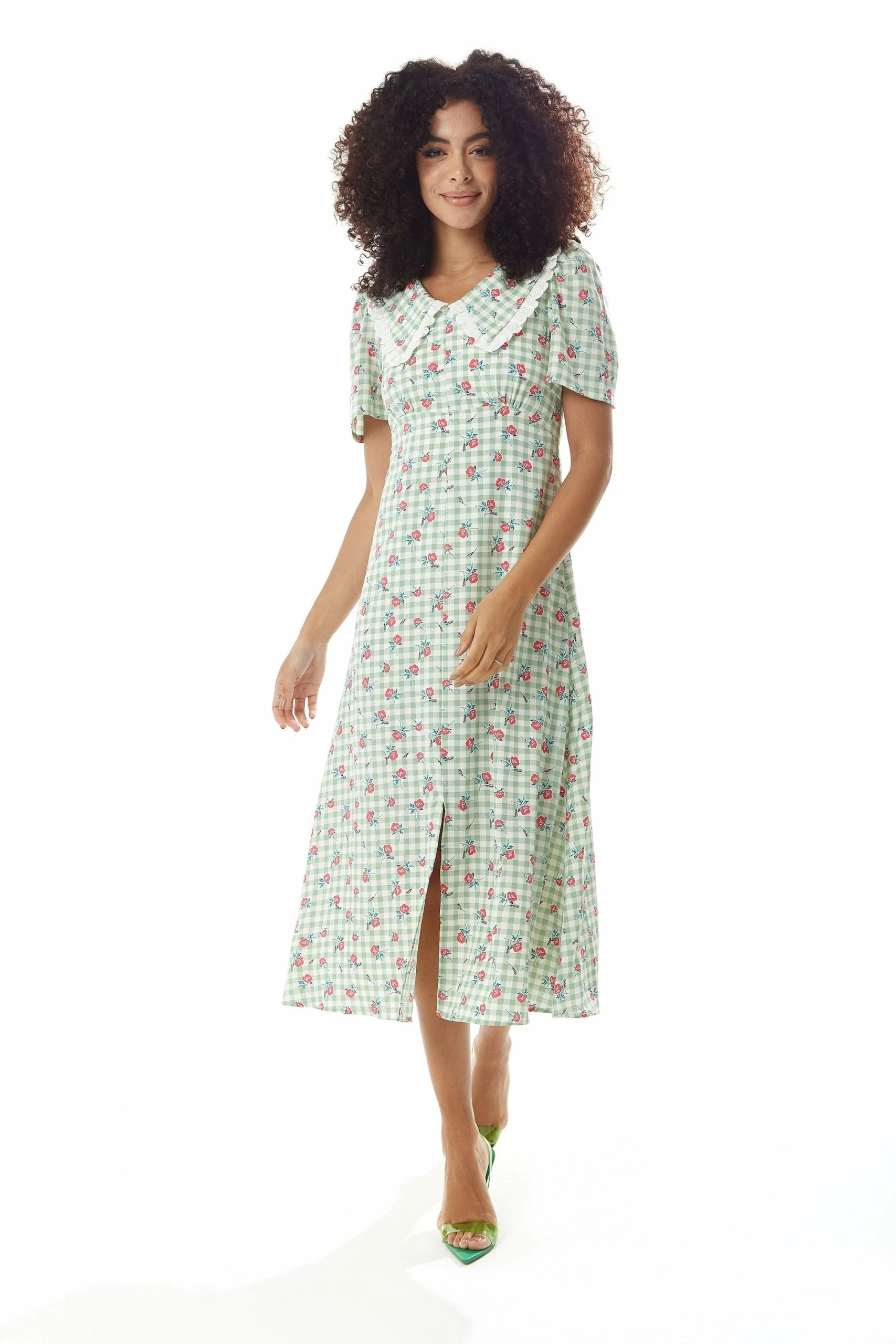 Liquorish Gingham and Floral Midi Dress in Green and White with Trim Lace Collar 3 Liquorish Gingham and Floral Midi Dress in Green and White with Trim Lace Collar