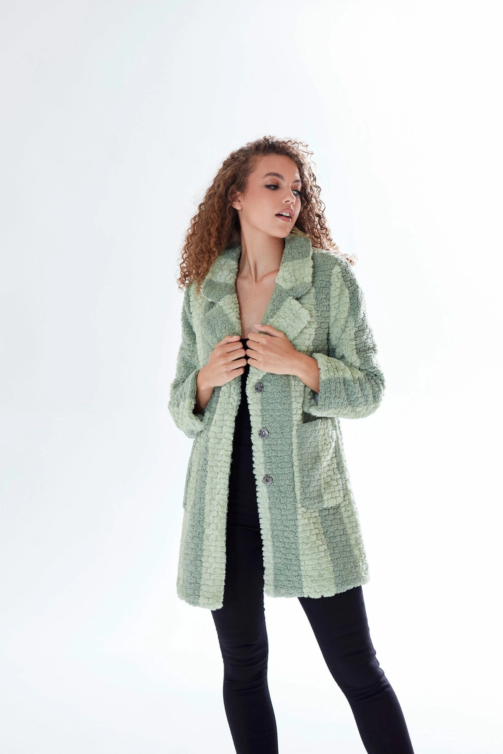 Liquorish textured stripe print teddy coat in green 4 Liquorish textured stripe print teddy coat in green - Image 2