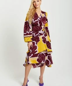 Liquorish Geometric Floral Print Midi Wrap Dress in Mustard and Burgundy - Multicolour