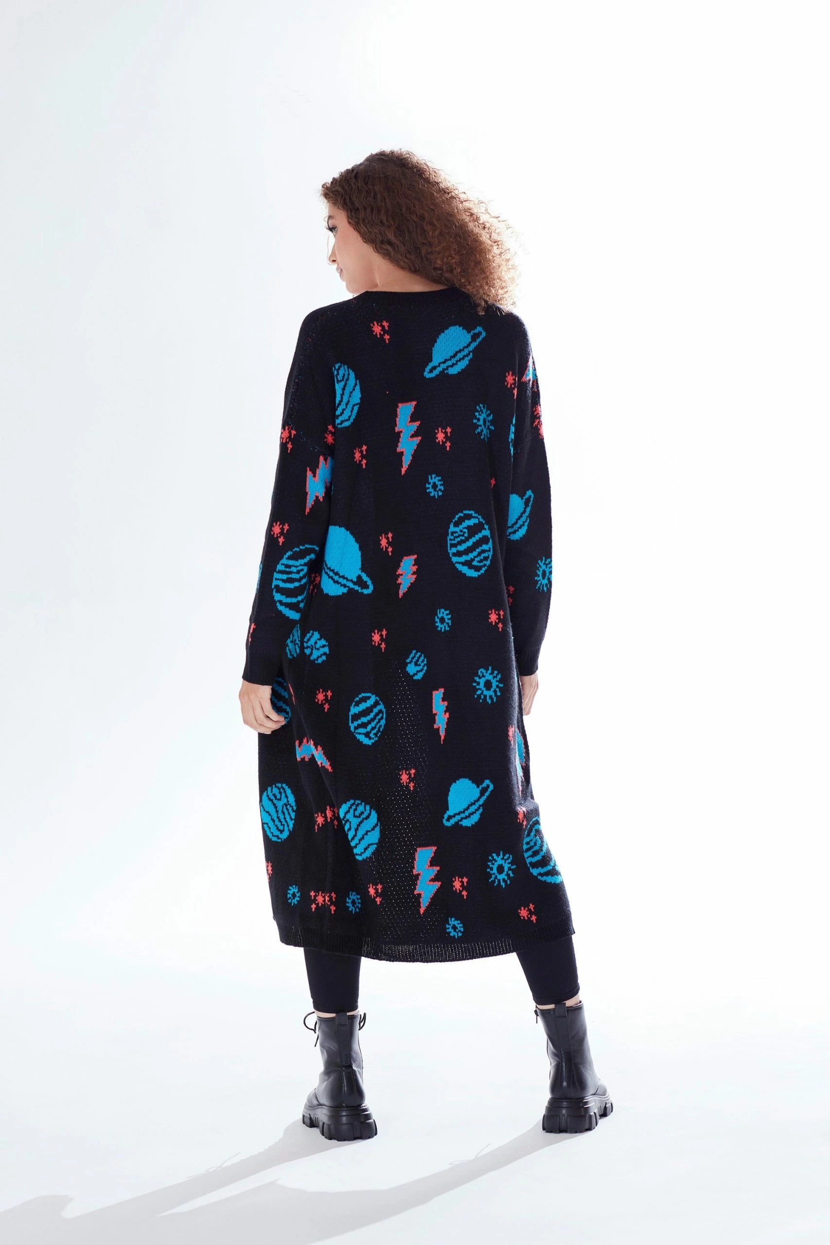 Liquorish Cosmic Pattern Open Front Cardigan in Black, Turquoise & Orange 8 Liquorish Cosmic Pattern Open Front Cardigan in Black, Turquoise & Orange - Image 6