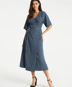 Liquorish Navy Floral Midi Wrap Dress with Kimono Sleeves - Blue/Navy