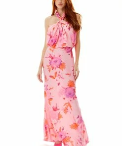 Liquorish Halter Maxi Floral Print Dress in Pink