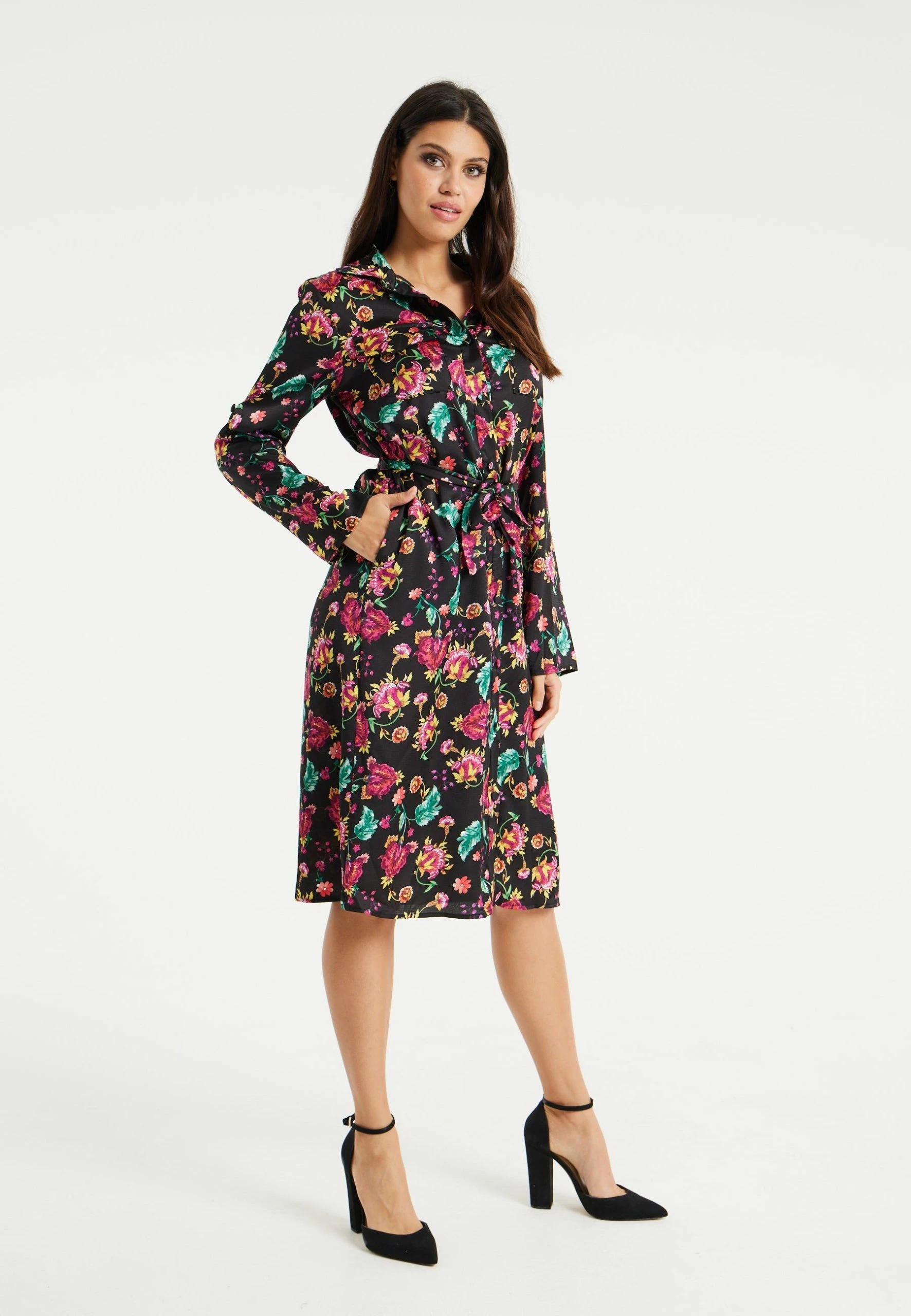 Liquorish Floral Print Shirt Dress in Multicolour & Black 6 Liquorish Floral Print Shirt Dress in Multicolour & Black - Image 4