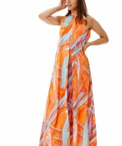 Liquorish Maxi Abstract Print Dress With a High Neck in Orange