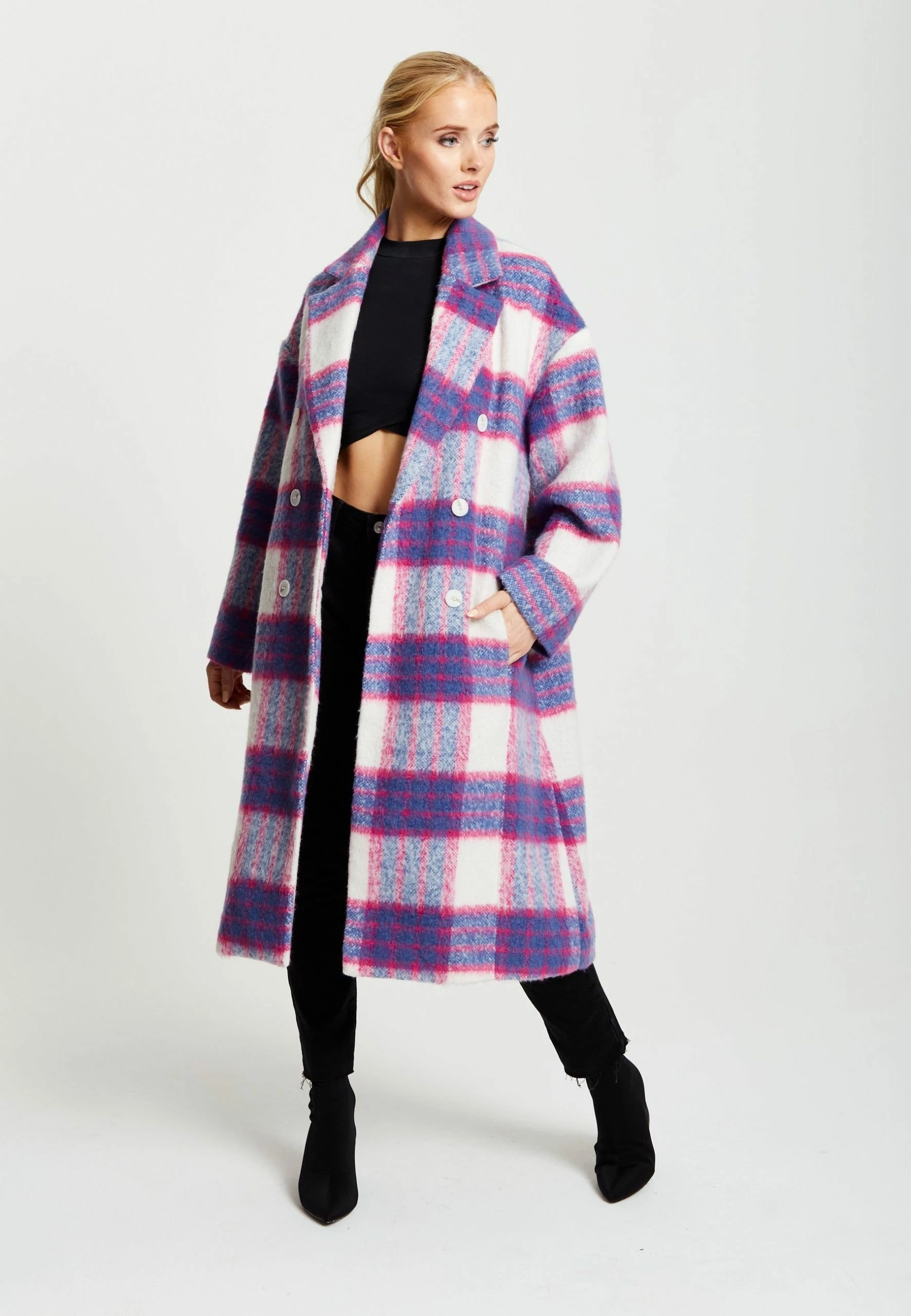 Liquorish Longline Coat in Pink and Navy Checks - Multicolour 4 Liquorish Longline Coat in Pink and Navy Checks - Multicolour - Image 2