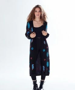 Liquorish Cosmic Pattern Open Front Cardigan in Black, Turquoise & Orange