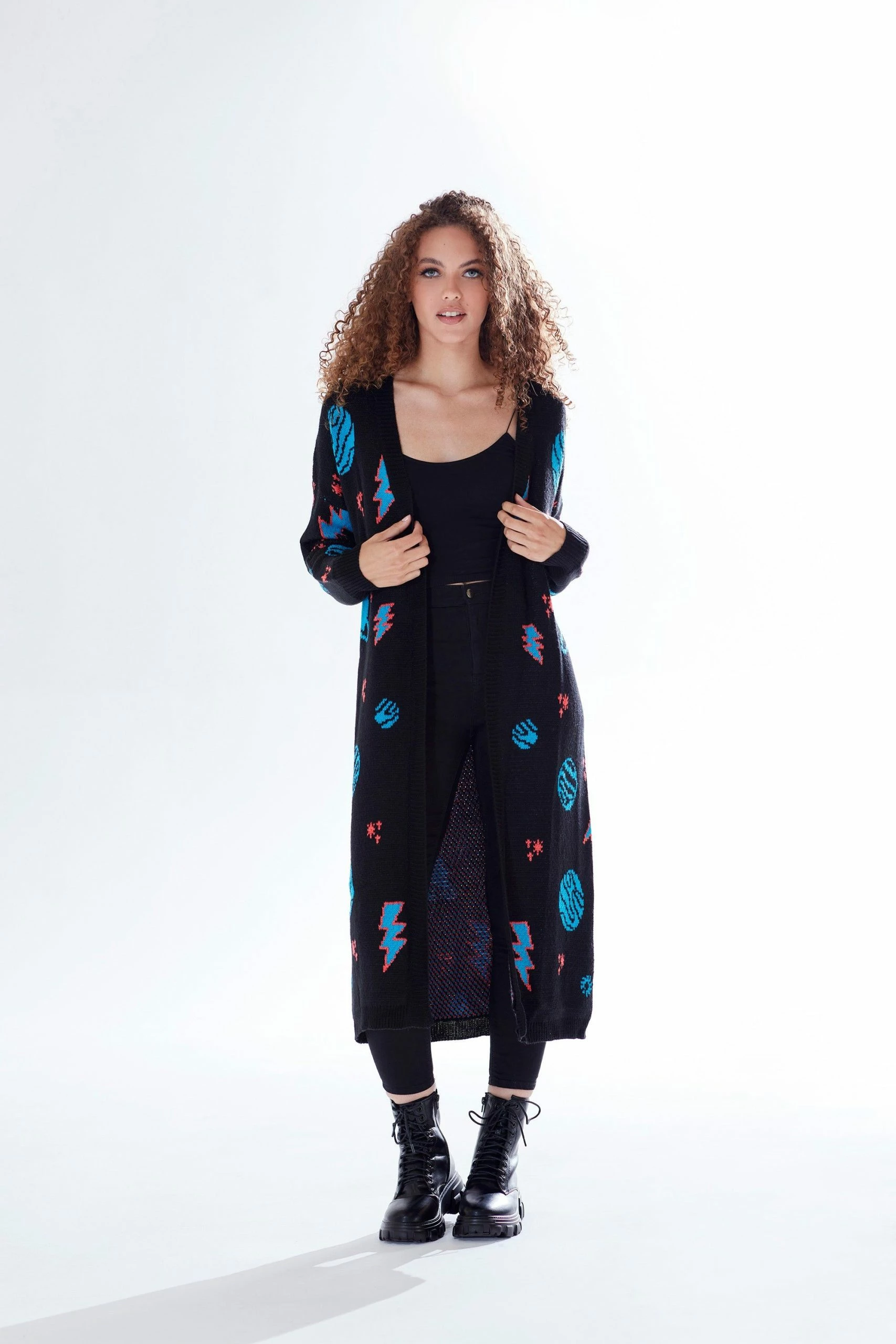 Liquorish Cosmic Pattern Open Front Cardigan in Black, Turquoise & Orange 3 Liquorish Cosmic Pattern Open Front Cardigan in Black, Turquoise & Orange