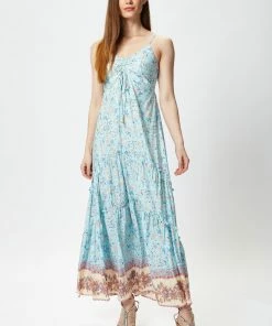 Liquorish Light Blue Floral Cami Maxi Dress with Contrast Hem - Multicolour