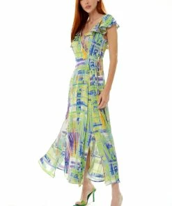 Liquorish abstract print maxi wrap dress in sage and purple - Green