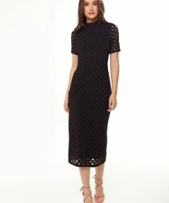Liquorish Midi Dress with High Neck, Short Sleeves and Open Back Detail in Black