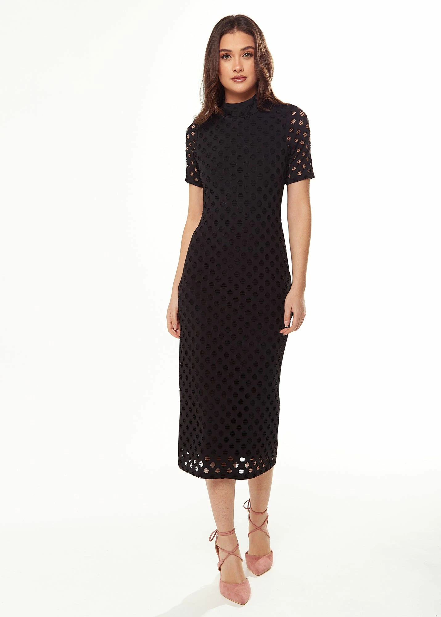 Liquorish Midi Dress with High Neck, Short Sleeves and Open Back Detail in Black 3 Liquorish Midi Dress with High Neck, Short Sleeves and Open Back Detail in Black
