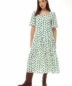 Liquorish A Line Midi Dress in Green Polka Dot - White