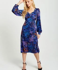 Liquorish Vivid Zebra Print Midi Dress with Sweetheart Neckline - Multicolour